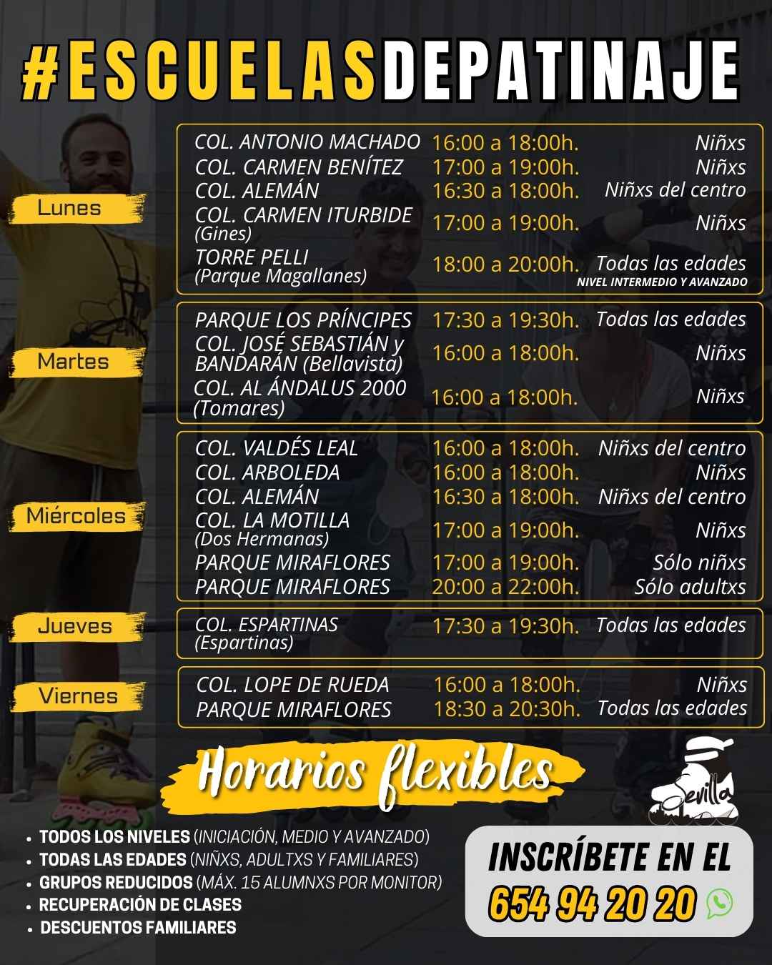 Escuelas de patinaje en Sevilla, todas las tardes, de lunes a viernes