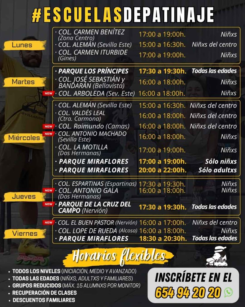 Escuelas de patinaje en Sevilla, todas las tardes, de lunes a viernes